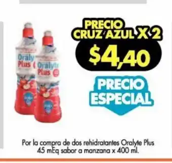Farmacias Cruz Azul Por la compra de dos rehidratantes Oralyte Plus 45 mEq a manzana x 400 ml oferta