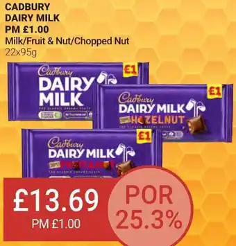 Bestway Cadbury Diary Milk PM £1.00 Milk/Fruit & Nut/Chopped Nut 22x95g offer