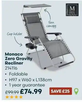 Robert Dyas Monaco Zero Gravity Recliner offer