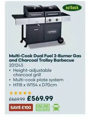 Robert Dyas Multi-cook Dual Fuel 2-burner Gas And Harcoal Trolley Barbecue offer