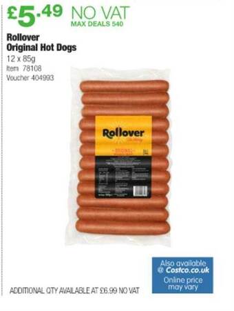 Costco Rollover Original Hot Dogs offer