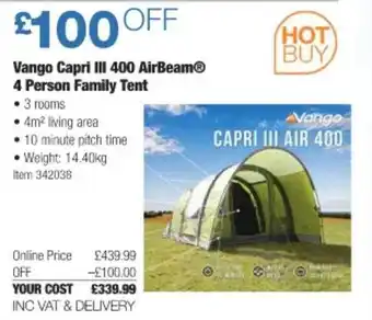 Costco Vango Capri Iii 400 Airbeam 4 Person Family Tent offer