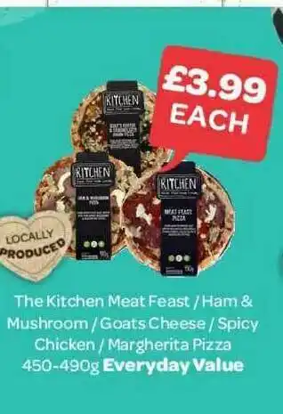 Spar The Kitchenmeat Feast - Ham & Mushroom - Goats Cheese - Spicy Chicken - Margherita Pizza offer