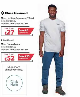 GO Outdoors Black Diamond Mens Heritage Equipment T-shirt Mens Notion Pants offer