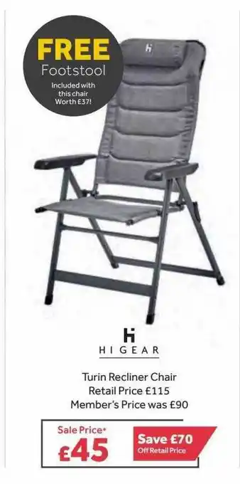 GO Outdoors Higear Turin Recliner Chair offer