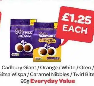 Cadbury Giant Orange White Oreo Bitsa Wispa Caramel Nibbles Twirl Bite