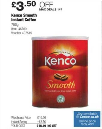 Costco Kenco Smooth Instant Coffee offer