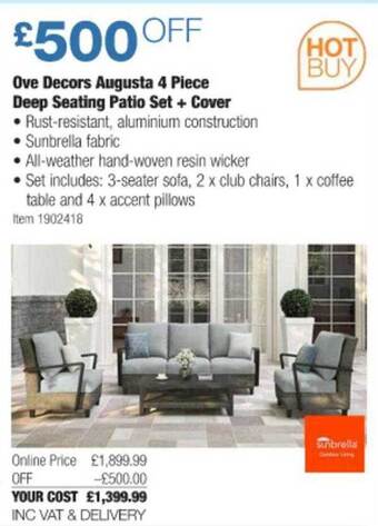 Costco Ove Decors Augusta 4 Piece Deep Seating Patio Set + Cover offer
