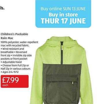 Aldi Children's Packable Rain Mac offer