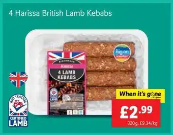 Lidl 4 Harissa British Lamb Kebabs offer