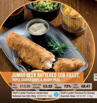 Booker Wholesale Jumbo Beer Battered Cod Fillet, Triple Cooked Chips & Mushy Peas offer