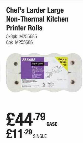 Booker Wholesale Chef's Larder Large Non-thermal Kitchen Printer Rolls offer