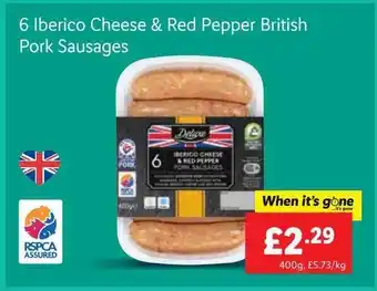 Lidl 6 iberico cheese & red pepper british pork sausages offer