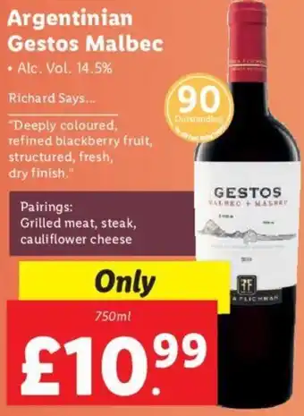 Lidl Argentinian Gestos Malbec 750ml offer