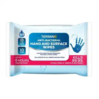 Lloyds Pharmacy Termin8 anti-bacterial hand and surface wipes pack of 10 offer