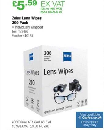 Costco Zeiss lens wipes 200 pack offer