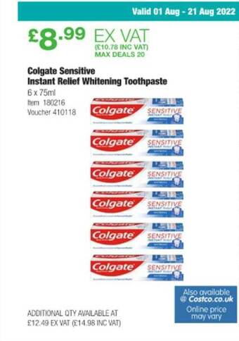 Costco Colgate sensitive instant relief whitening toothpaste offer