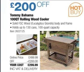 Costco Tommy bahama 100qt rolling wood cooler offer