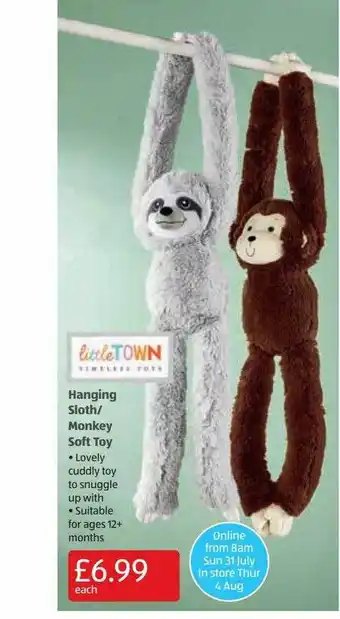 Aldi Hanging sloth-monkey soft toy offer