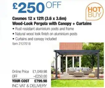 Costco Cosmos 12 x 12ft (3.36x3.6m) wood-look pergola with canopy + curtains offer