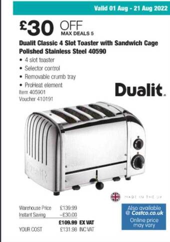 Costco Dualit classic 4 slot toaster with sandwich cage polished stainless steel 40590 offer