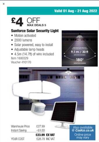 Costco Sunforce solar security light offer