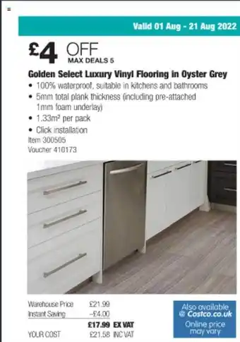 Costco Golden select luxury vinyl flooring in oyster grey offer