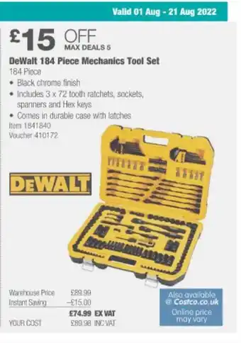 Costco Dewalt 184 piece mechanics tool set offer