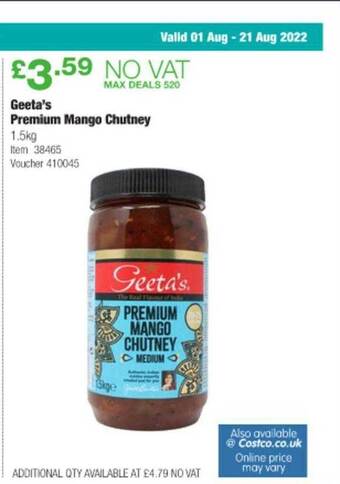 Costco Geeta's premium mango chutney offer