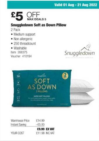 Costco Snuggledown soft as down pillow offer