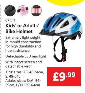 Lidl Crivit kids' or adults' bike helmet offer