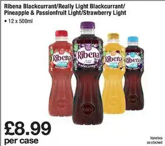 Makro Ribena blackcurrant-really light blackcurrant-pineapple & passionfruit light-strawberry light offer