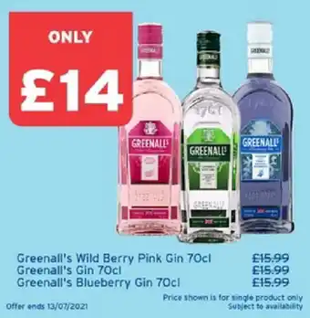 Greenall's Wild Berry Pink Gin 70cl, Greenall's Gin 70cl, Greenall's Blueberry Gin 70cl