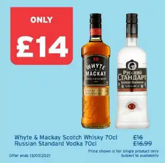 One Stop Whyte & Mackay Scotch Whisky 70cl, Russian Standard Vodka 70cl offer