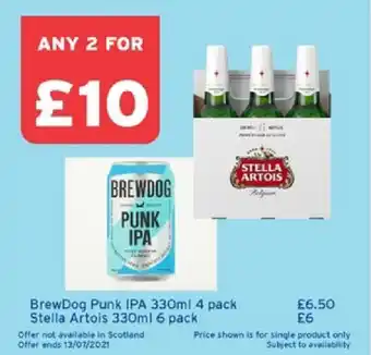 One Stop BrewDog Punk IPA 330ml 4 pack, Stella Artois 330ml 6 pack offer