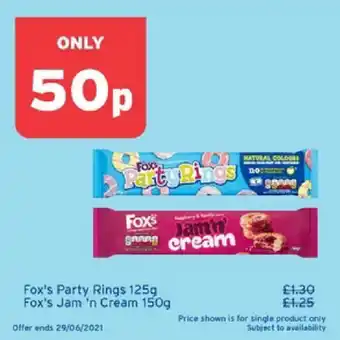 One Stop Fox's Party Rings 125g, Fox's Jam 'n Cream 150g offer