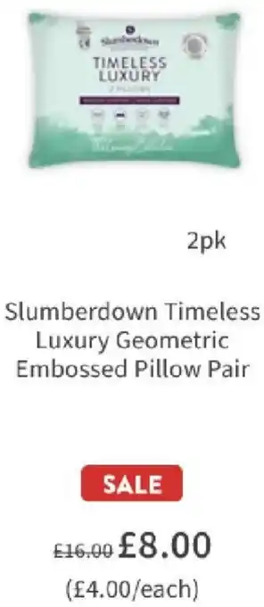 Asda Slumberdown Timeless Luxury Geometric Embossed Pillow Pair offer