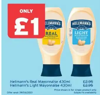 One Stop Hellmann's Real Mayonnaise 430ml, Hellmann's Light Mayonnaise 430ml offer