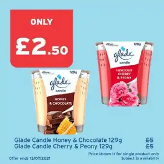 One Stop Glade Candle Honey & Chocolate 129g, Glade Candle Cherry & Peony129g, offer