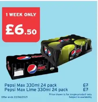 One Stop Pepsi Max 330ml 24 pack. Pepsi Max Lime 330ml 24 pack offer