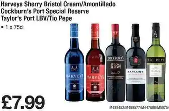 Makro Harveys Sherry Bristol Cream/ Amontillado Cockburn's Port Specail Reserve Taylor's Port LBV/ Tio Pepe 1x75ml offer