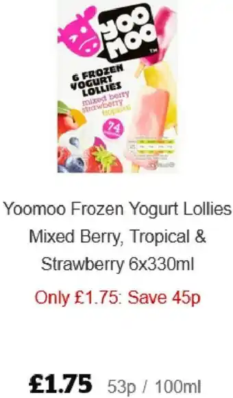 Sainsbury's Yoomoo Frozen Yogurt Lollies Mixed Berry, Tropical & Strawberry 6x330ml offer