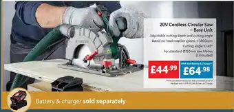 Lidl 20v cordless circular saw bare unit offer
