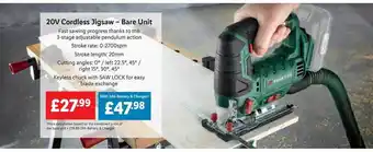 Lidl 20v cordless jigsaw bare unit parkside offer