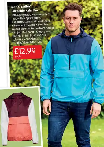 Aldi Men's / Ladies' Packable Rain Mac offer