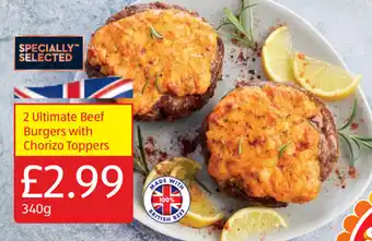 Aldi 2 Ultimate Beef Burgers with Chorizo Toppers 340g offer