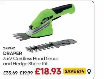 Robert Dyas Draper 3.6v cordless hand grass and hedge shear kit offer