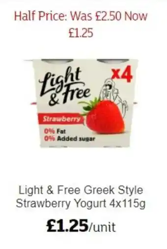 Sainsbury's Light & Free Greek Style Strawberry Yogurt 4x115g offer