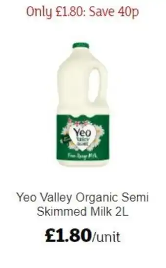 Sainsbury's Yeo Valley Organic Semi Skimmed Milk 2L offer