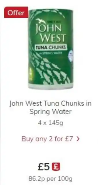 Ocado John West Tuna Chunks in Spring Water 4x145g offer